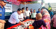 অভিযানে জব্দকৃত ৫ হাজার ইলিশ ১২শ অসহায় মানুষকে বিতরণ করলেন ইউএনও রাসেল ইকবাল